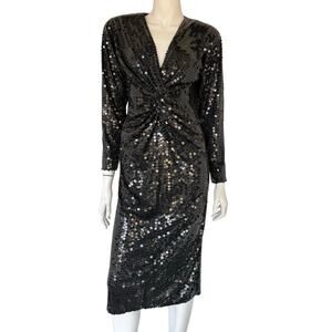 VTG Black Tie Neiman Marcus Holiday Sequin Dress Long Sleeve Black Med